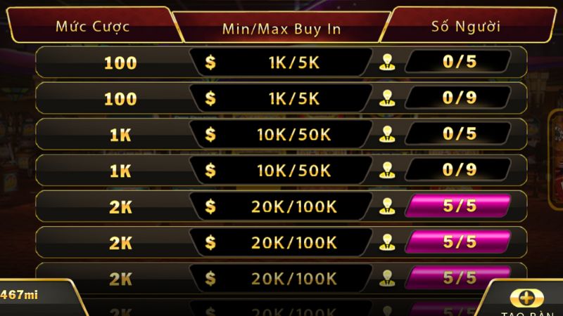 Đa dạng các bàn chơi và mức cược Poker 3D để trải nghiệm