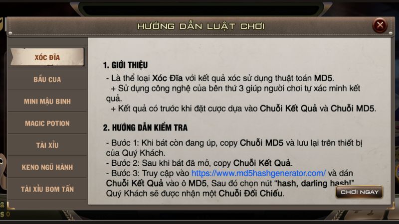 Xóc đĩa MD5 M88 1 Hướng dẫn chơi xóc đĩa MD5 tại M88